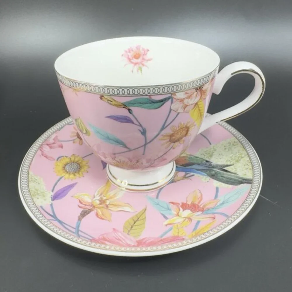 Shabby Chic‎ Fine Porcelain Teacup And Saucer Set Tea Cup Plate Pink Floral Bird
